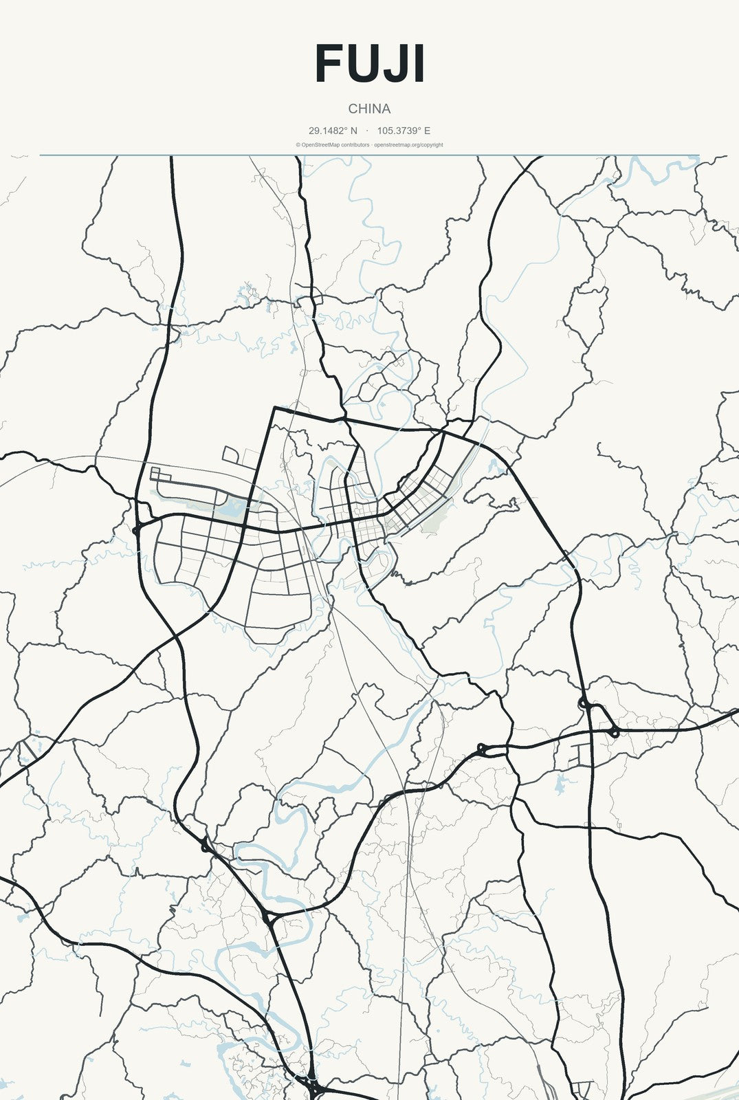 Fuji, China City Map Aluminum Sign in Headline Atlas style
