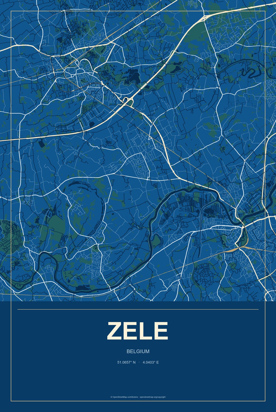 Zele, Belgium City Map Aluminum Sign in Harbor Cobalt style