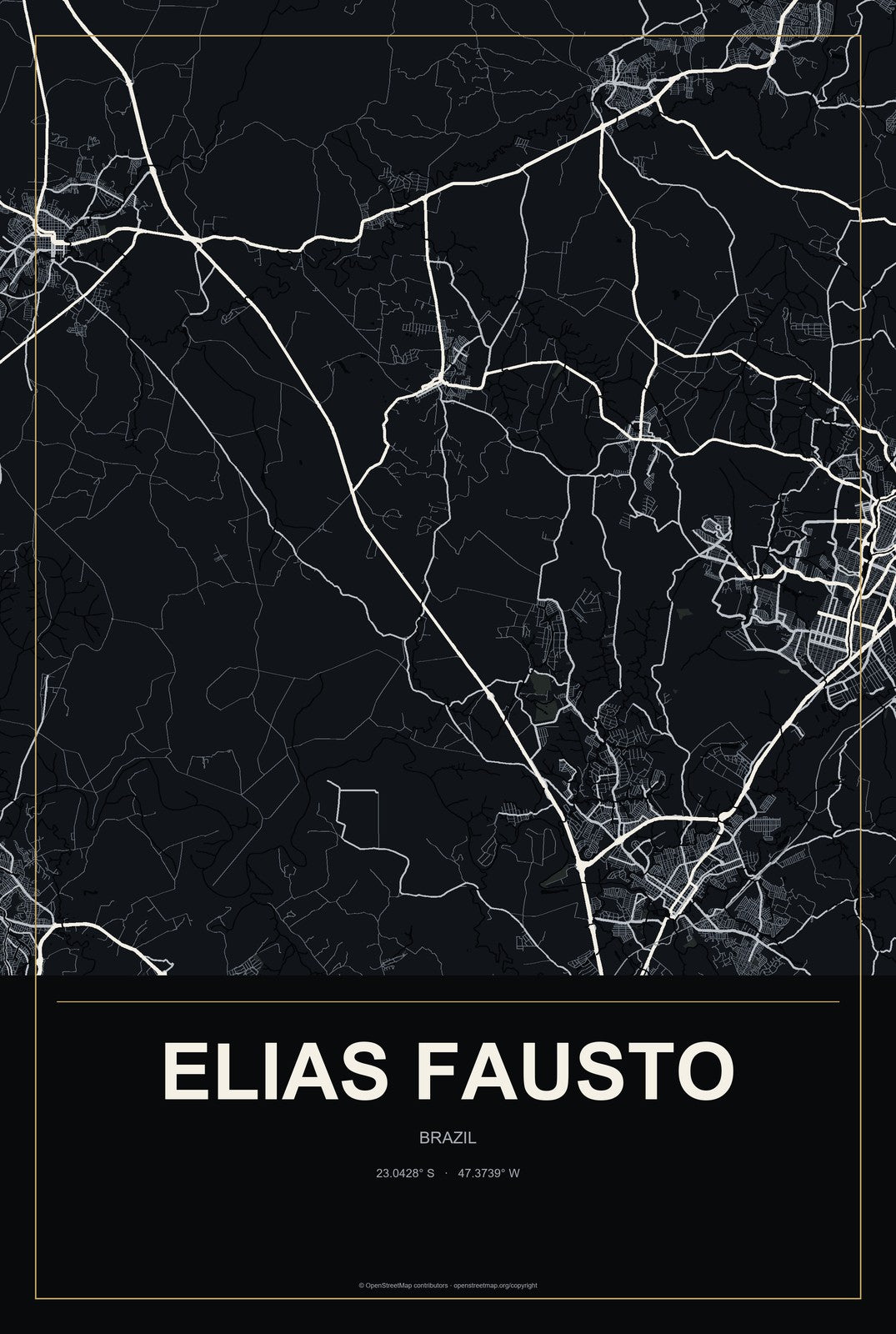 Elias Fausto, Brazil City Map Aluminum Sign in Metropolitan Noir style