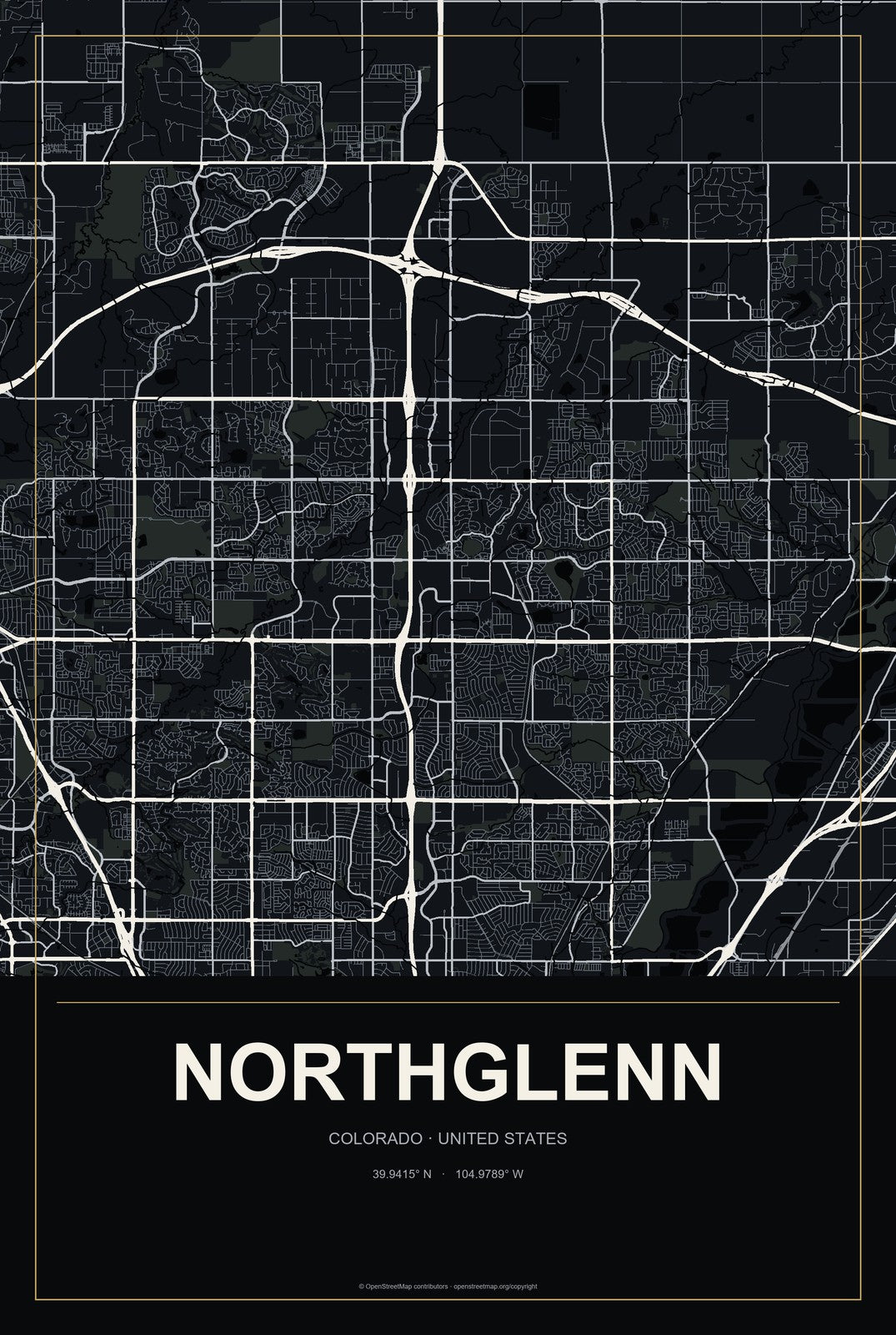 Northglenn, Colorado City Map Aluminum Sign in Metropolitan Noir style