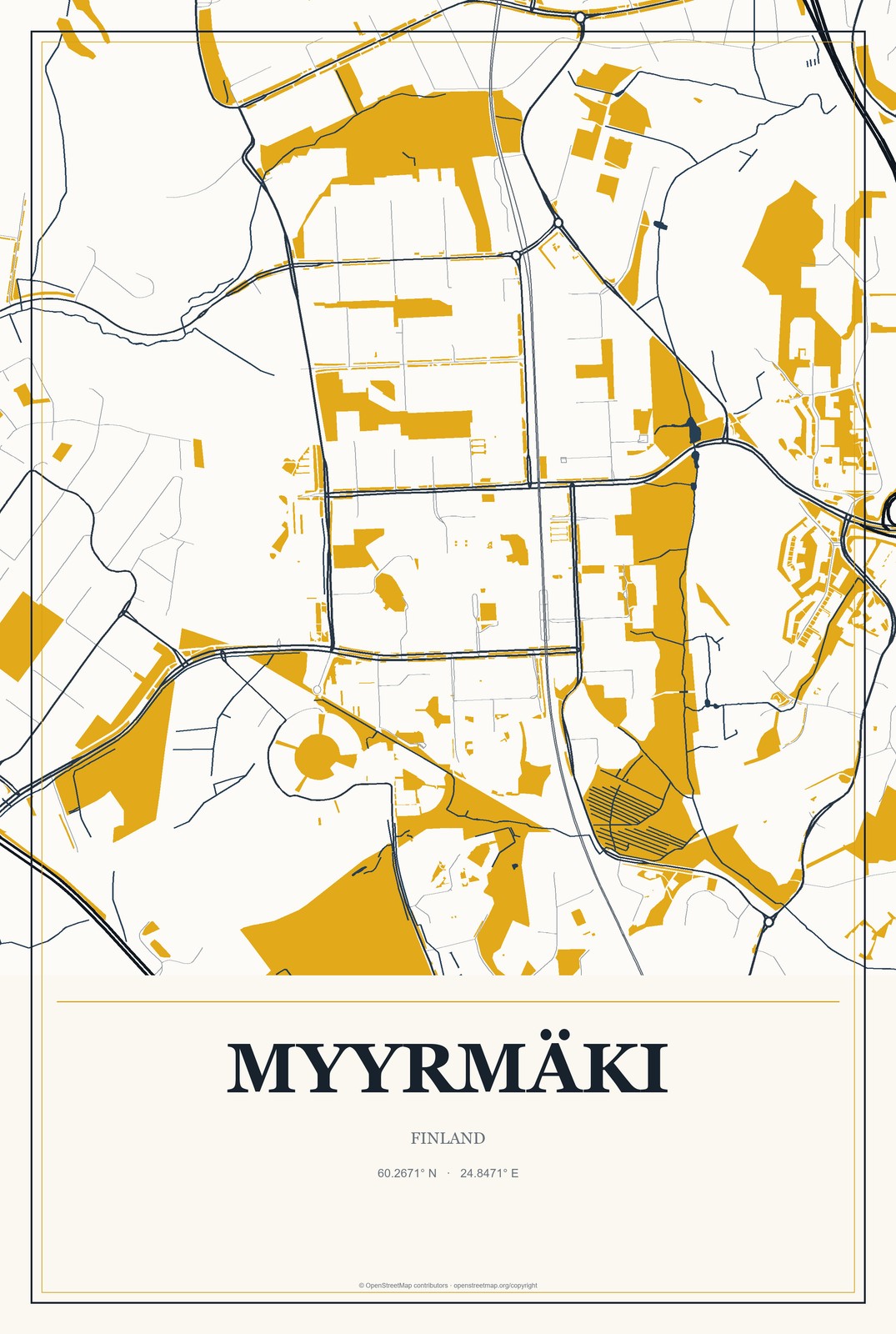 Myyrmäki, Finland City Map Aluminum Sign in Citrine Modern style
