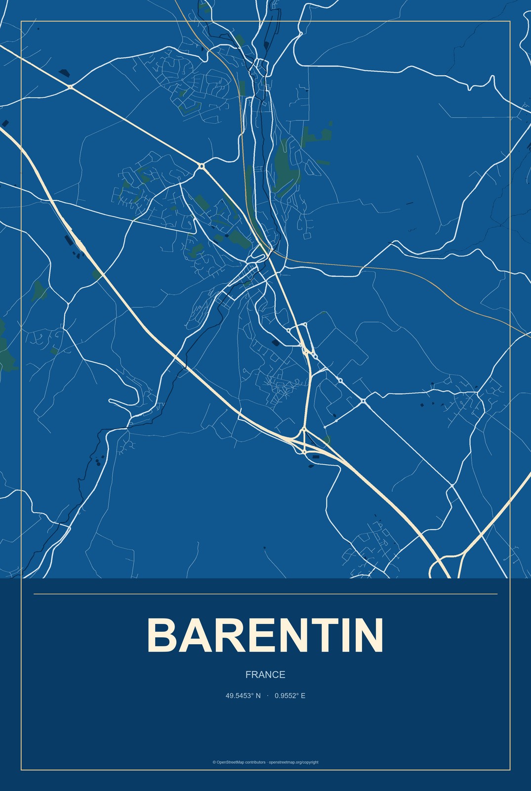 Barentin, France City Map Aluminum Sign in Harbor Cobalt style