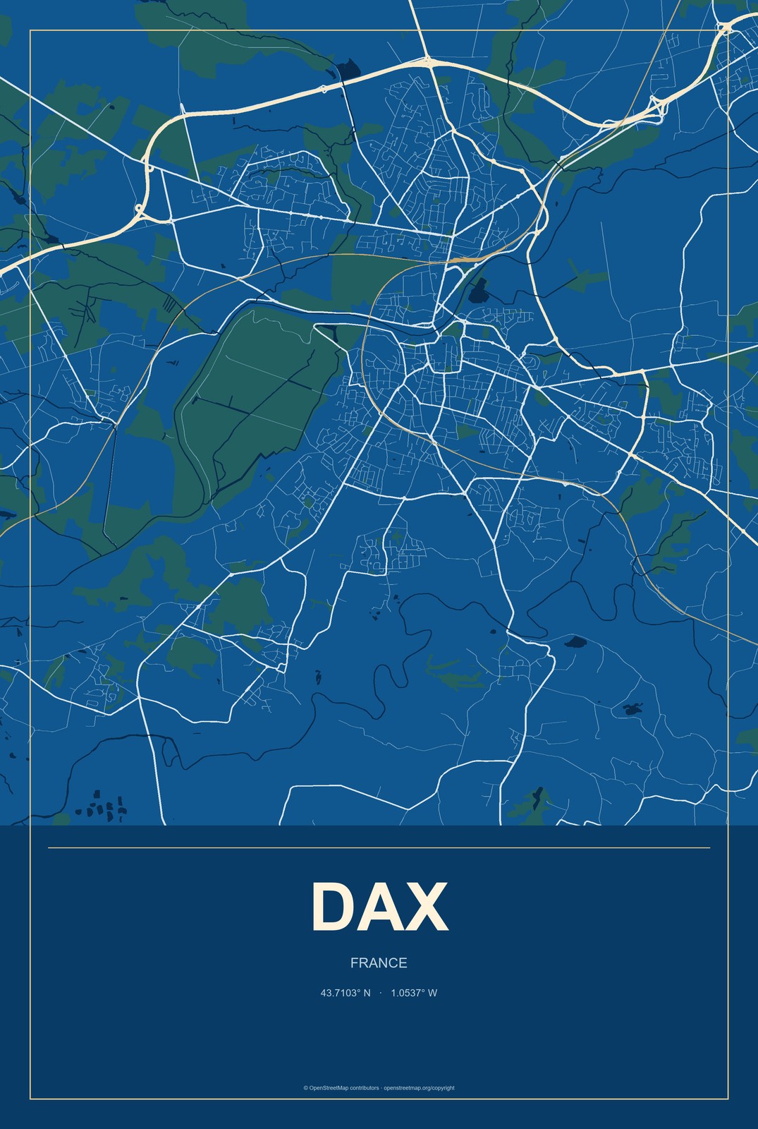 Dax, France City Map Aluminum Sign in Harbor Cobalt style