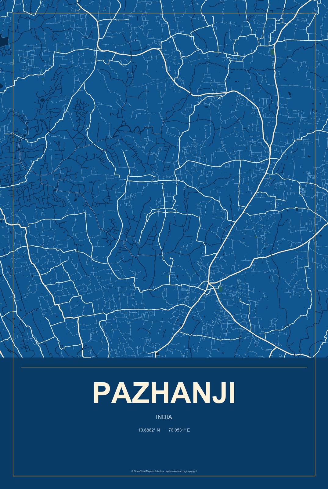 Pazhanji, India City Map Aluminum Sign in Harbor Cobalt style