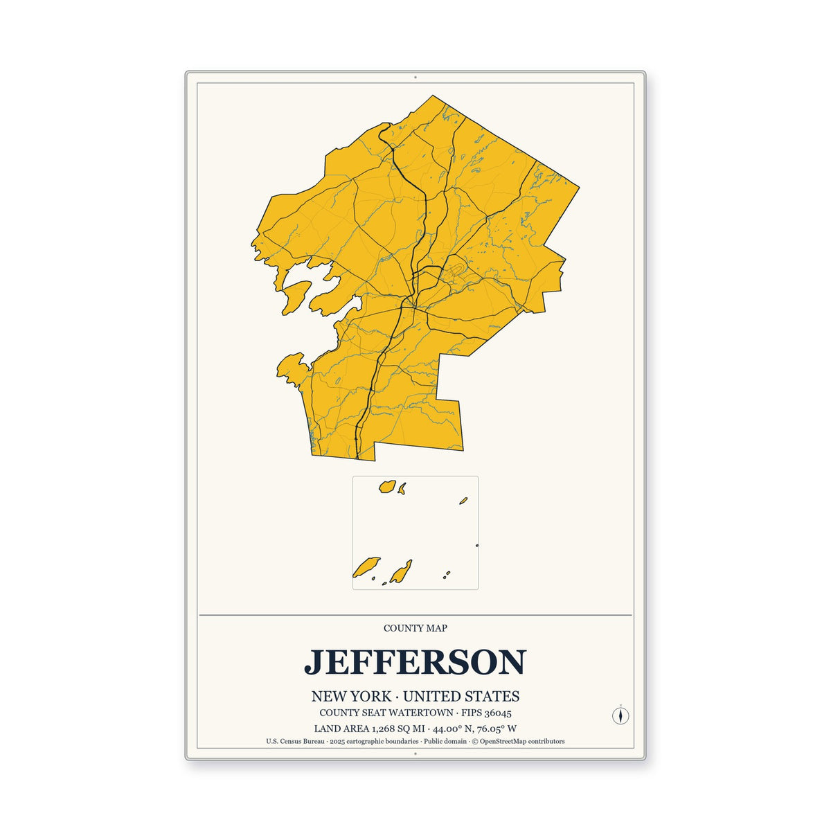 Jefferson County, New York Map Aluminum Sign in Citrine Modern style