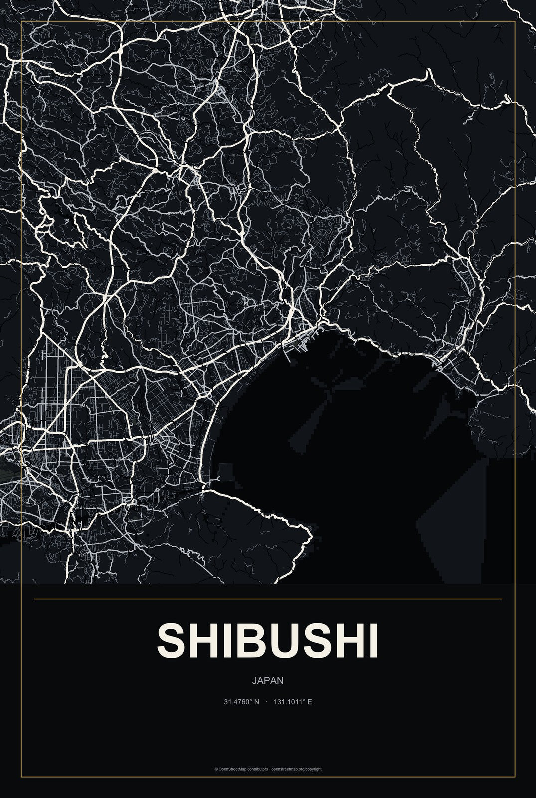 Shibushi, Japan City Map Aluminum Sign in Metropolitan Noir style