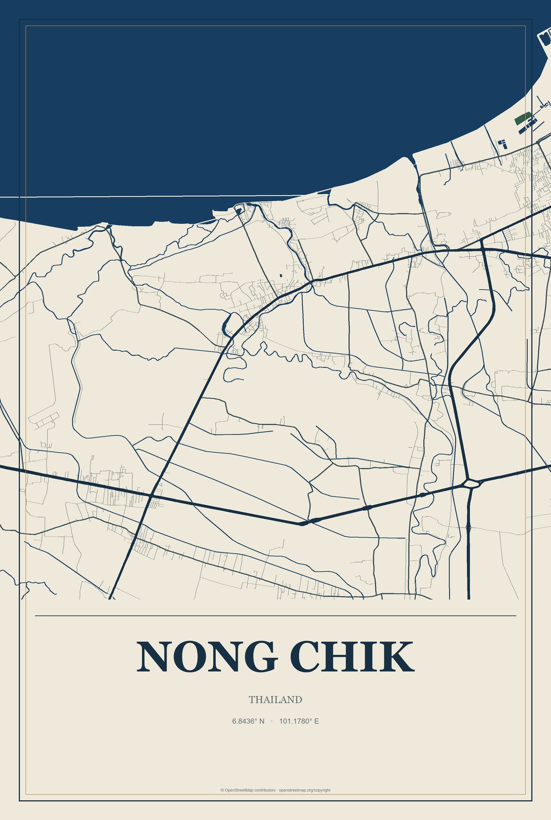 Nong Chik, Thailand City Map Aluminum Sign in Coastal Cutout style