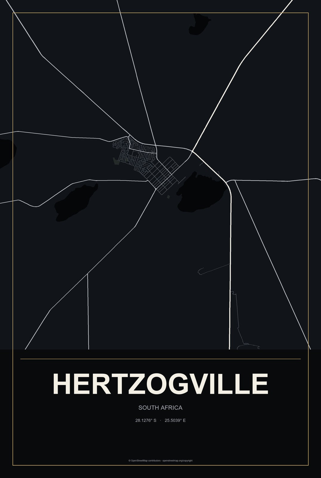 Hertzogville, South Africa City Map Aluminum Sign in Metropolitan Noir style