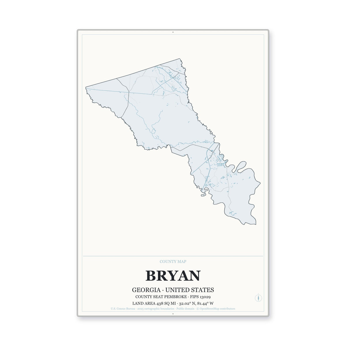 Bryan County, Georgia Map Aluminum Sign in Gallery Air style