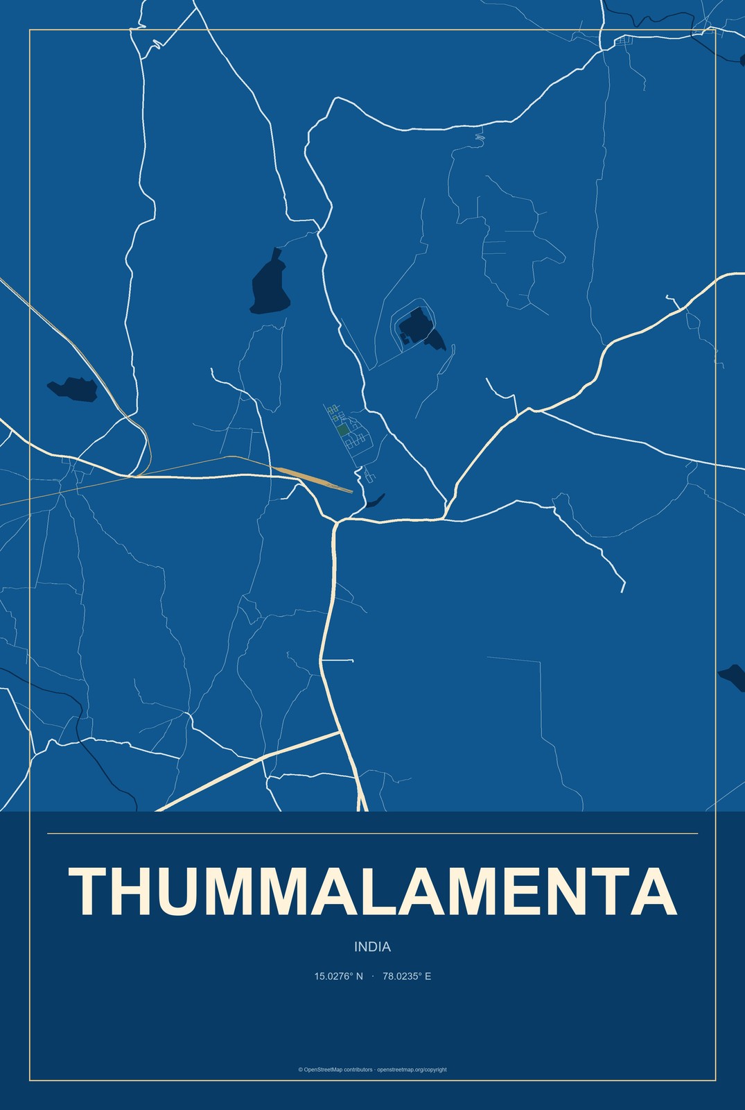 Thummalamenta, India City Map Aluminum Sign in Harbor Cobalt style