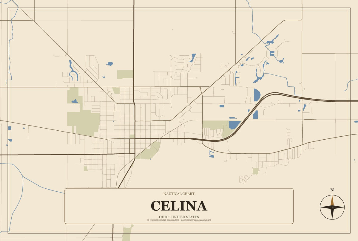 Celina, Ohio City Map Aluminum Sign in Heritage Nautical style