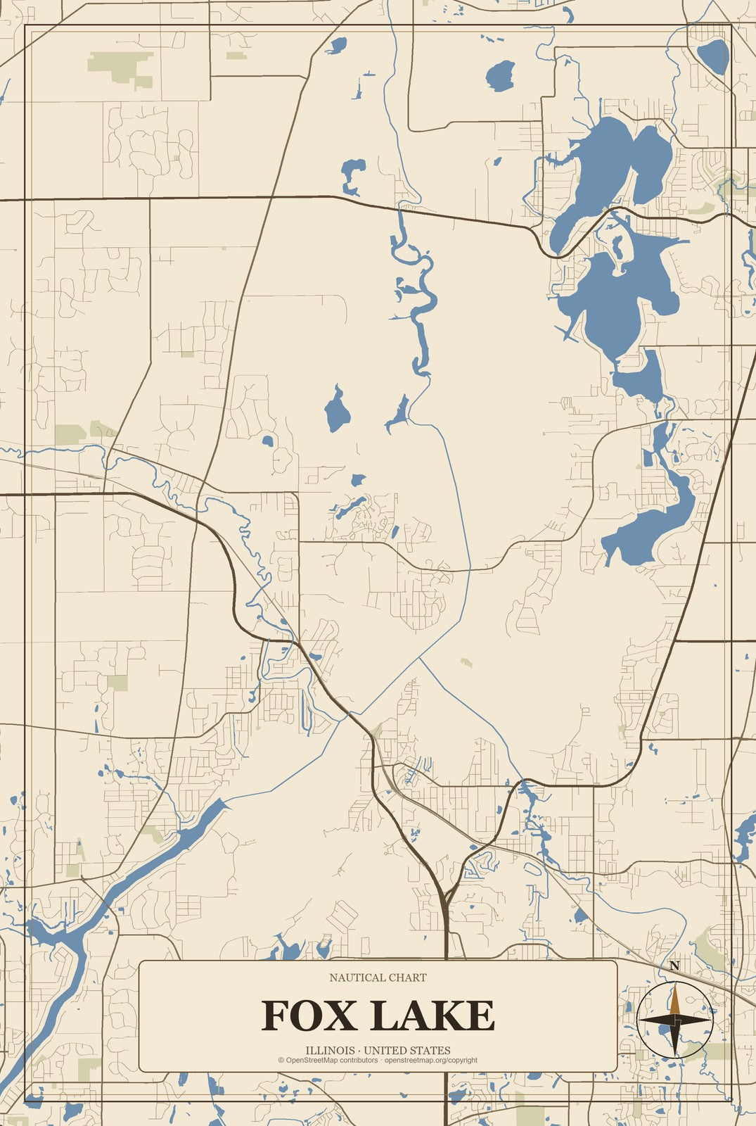 Fox Lake, Illinois City Map Aluminum Sign in Heritage Nautical style
