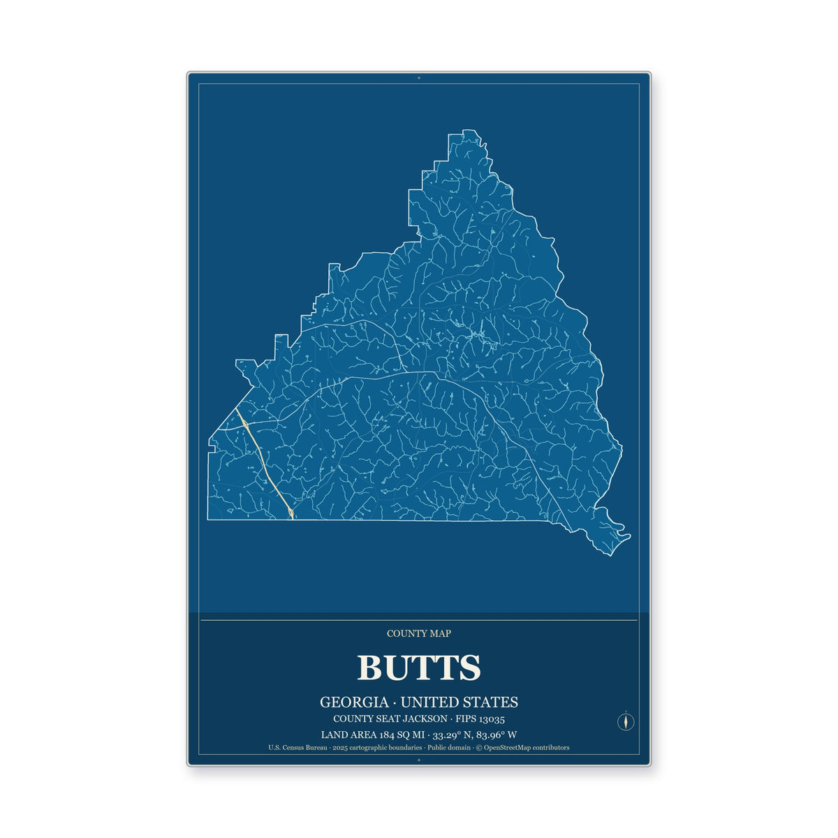 Butts County, Georgia Map Aluminum Sign in Harbor Cobalt style