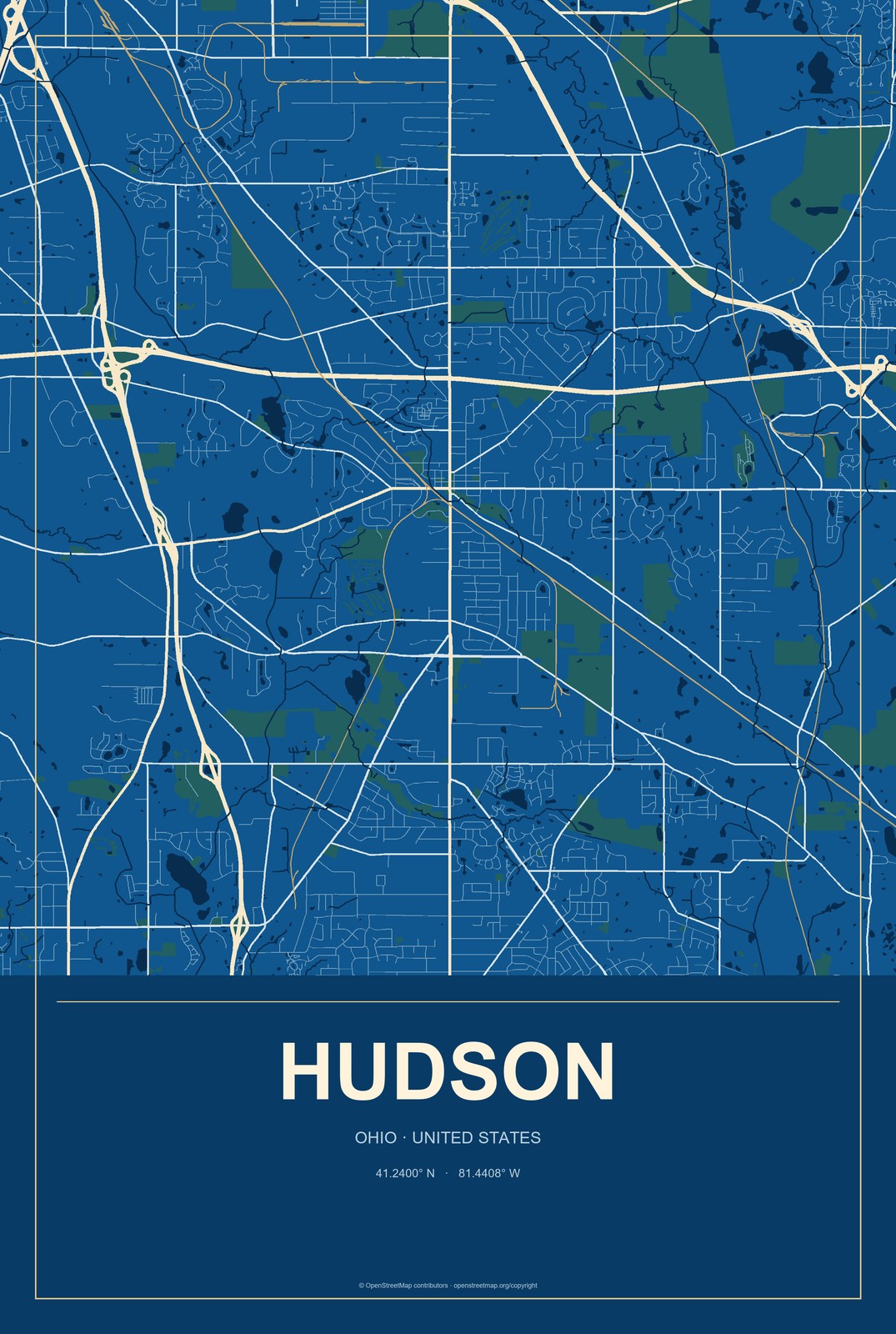 Hudson, Ohio City Map Aluminum Sign in Harbor Cobalt style