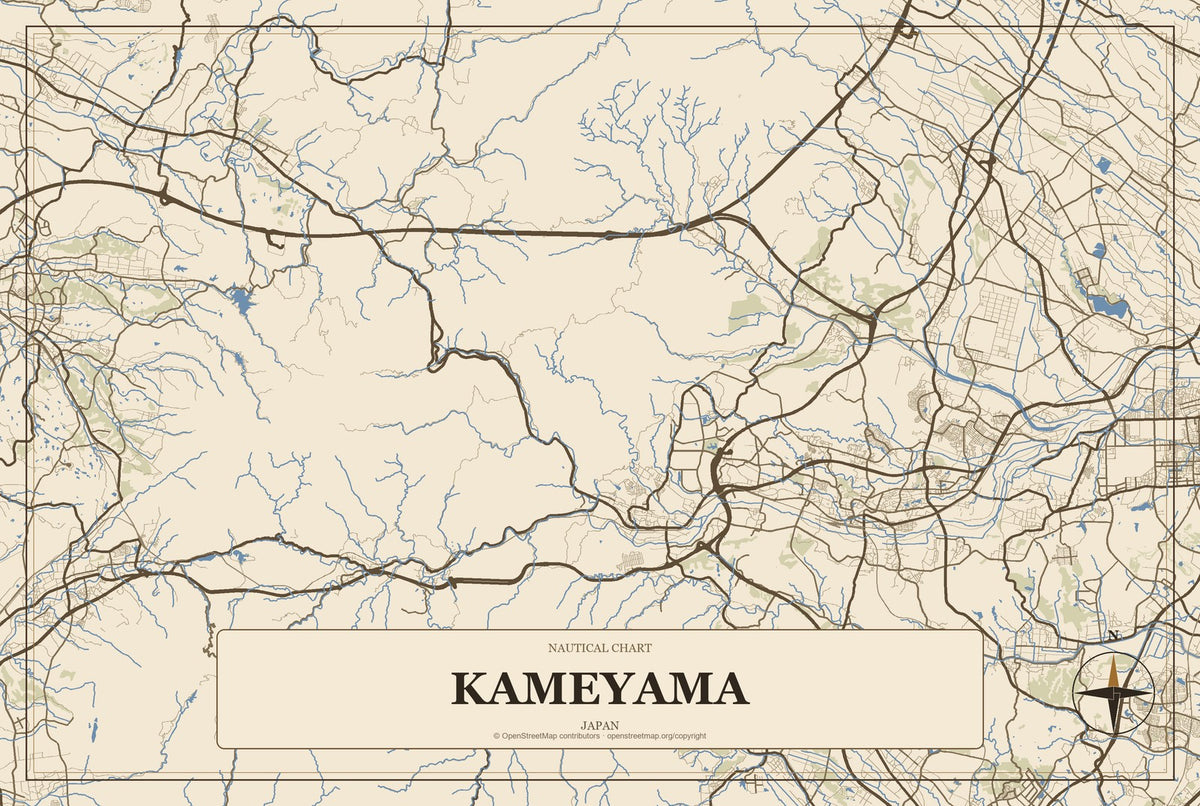 Kameyama, Japan City Map Aluminum Sign in Heritage Nautical style