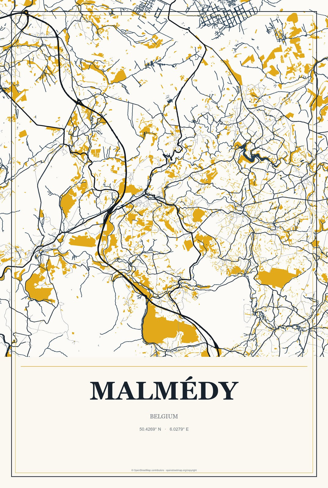 Malmédy, Belgium City Map Aluminum Sign in Citrine Modern style