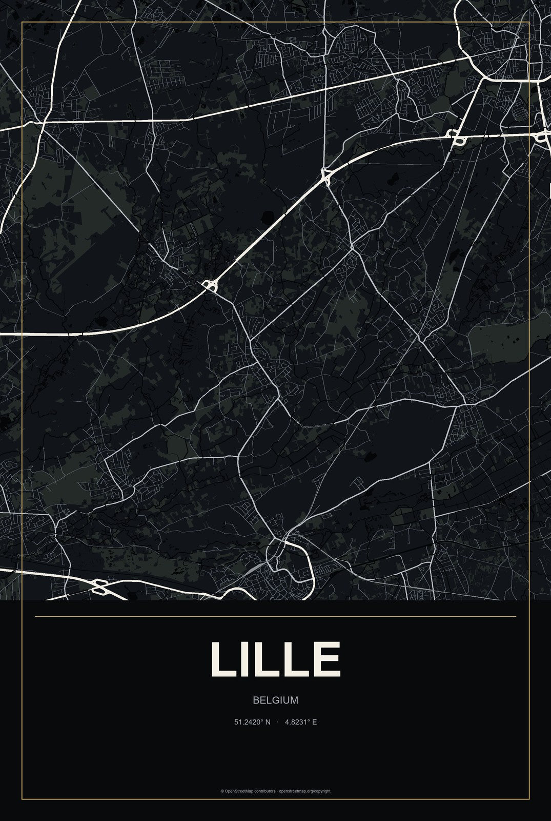 Lille, Belgium City Map Aluminum Sign in Metropolitan Noir style