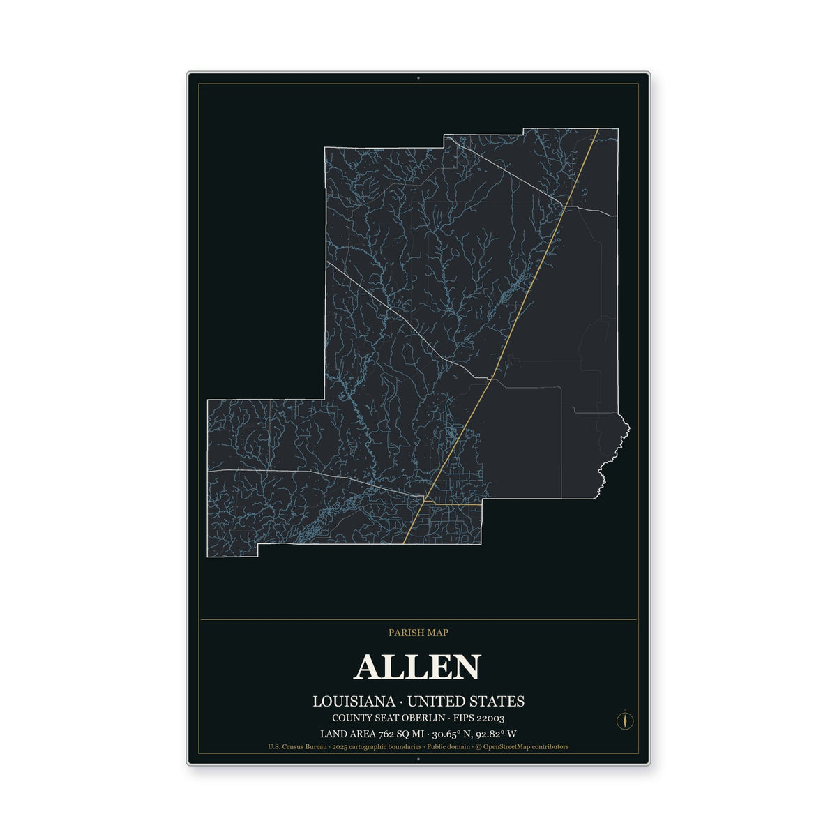 Allen Parish, Louisiana Map Aluminum Sign in Metropolitan Noir style