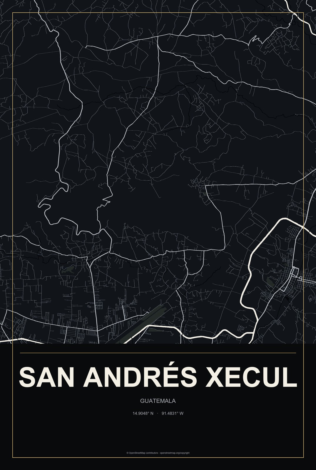 San Andrés Xecul, Guatemala City Map Aluminum Sign in Metropolitan Noir style