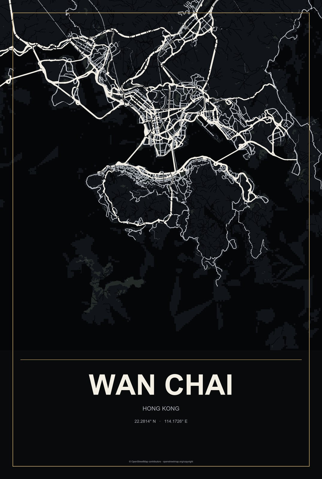 Wan Chai, Hong Kong City Map Aluminum Sign in Metropolitan Noir style