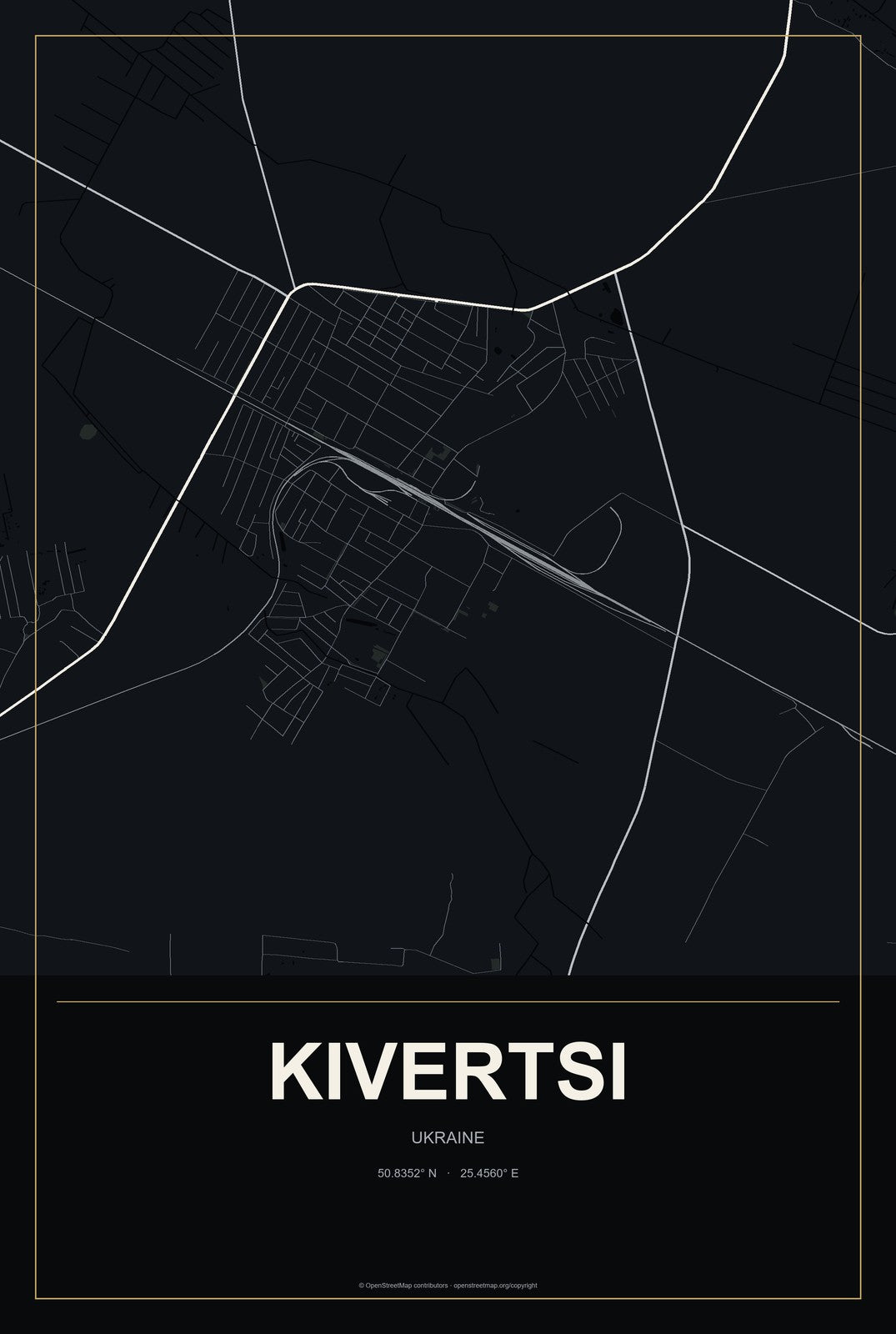Kivertsi, Ukraine City Map Aluminum Sign in Metropolitan Noir style