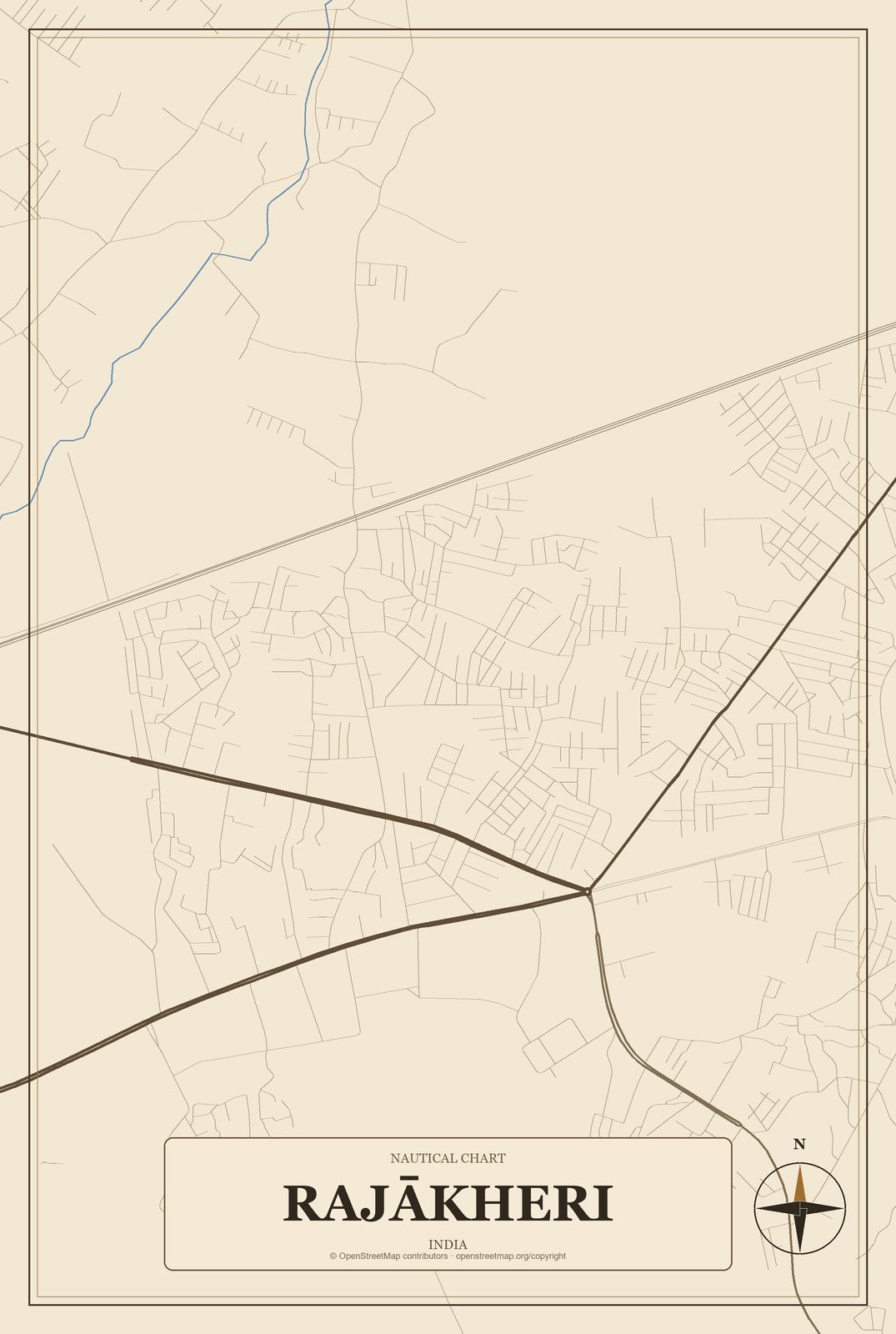 Rajākheri, India City Map Aluminum Sign in Heritage Nautical style