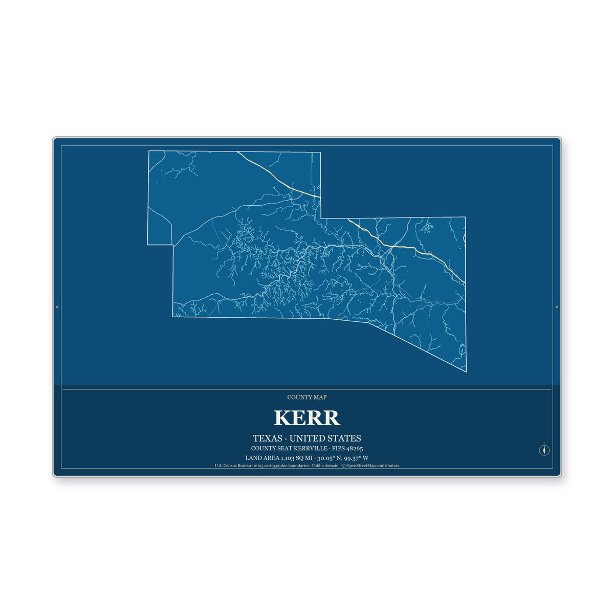 Kerr County, Texas Map Aluminum Sign in Harbor Cobalt style