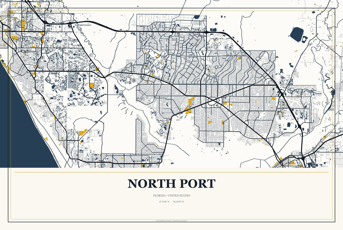 North Port, Florida City Map Aluminum Sign in Citrine Modern style