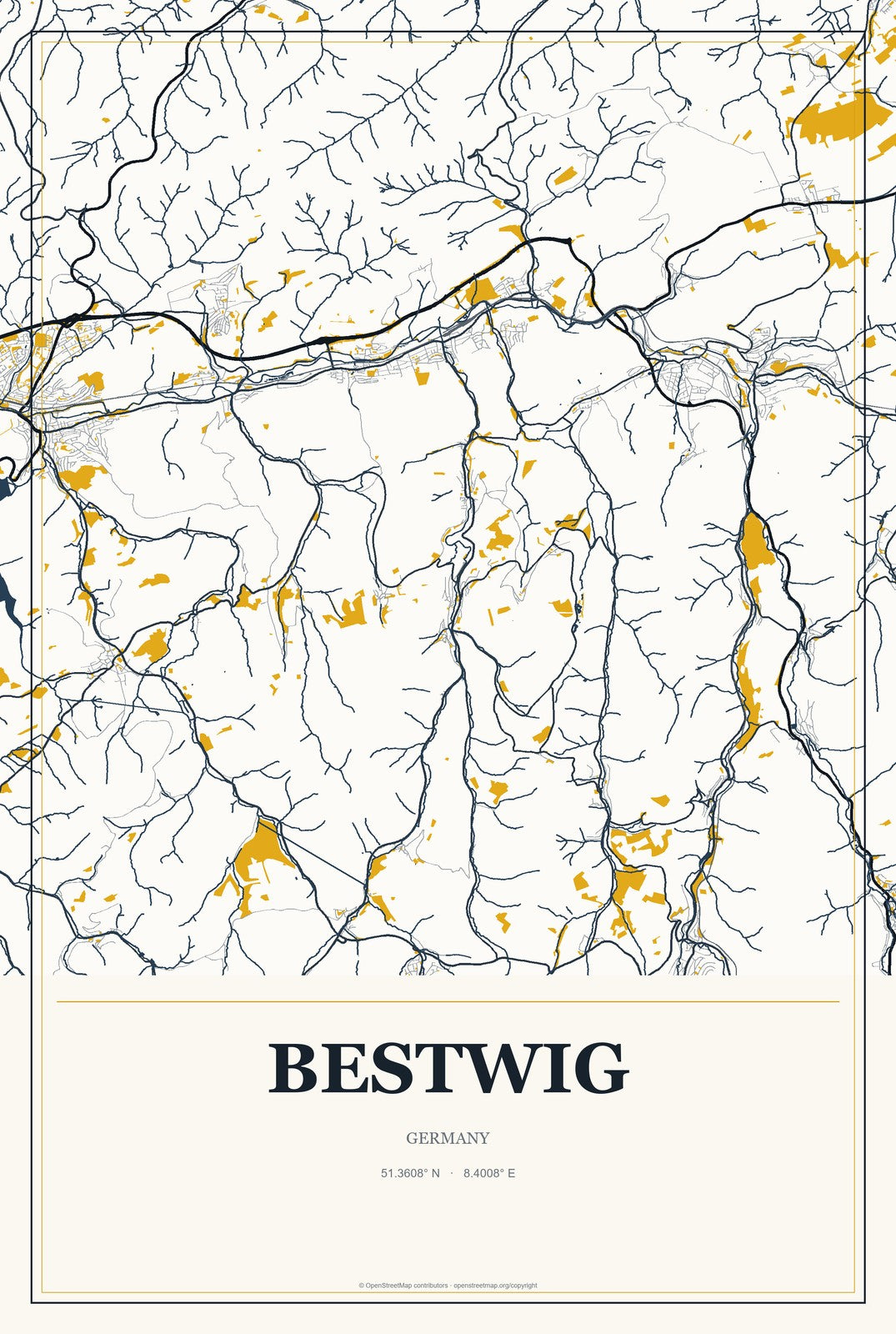 Bestwig, Germany City Map Aluminum Sign in Citrine Modern style