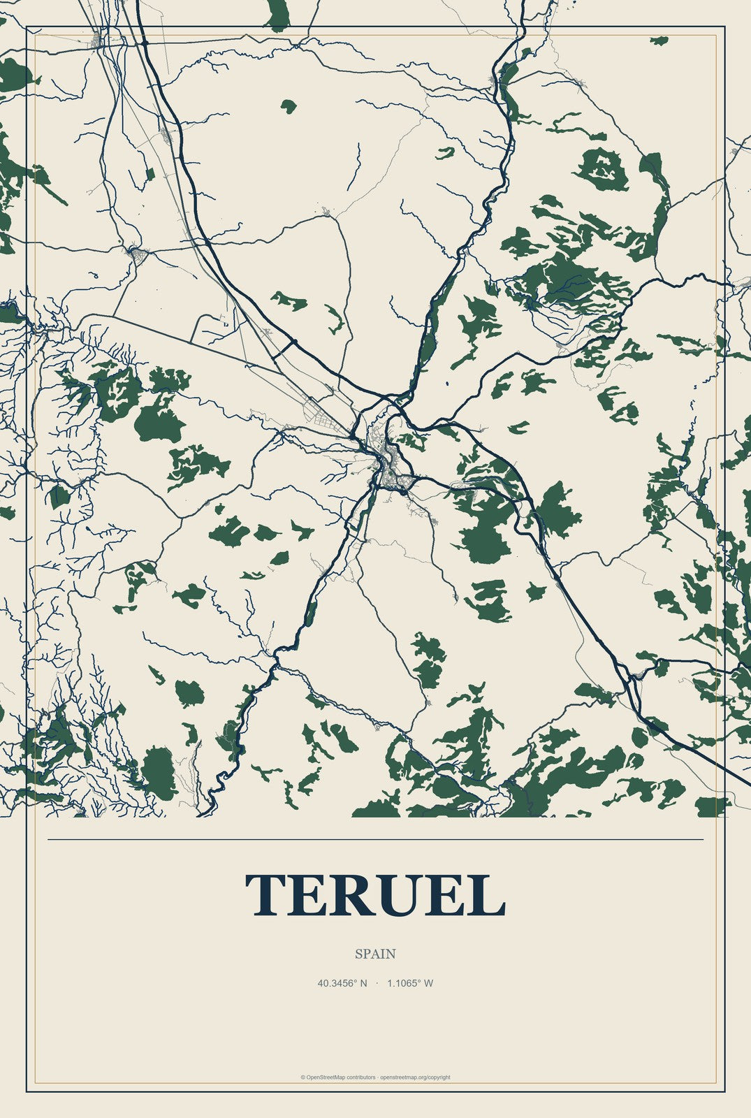 Teruel, Spain City Map Aluminum Sign in Coastal Cutout style