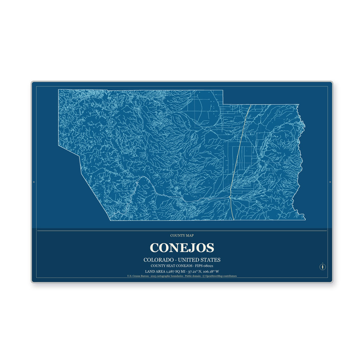 Conejos County, Colorado Map Aluminum Sign in Harbor Cobalt style