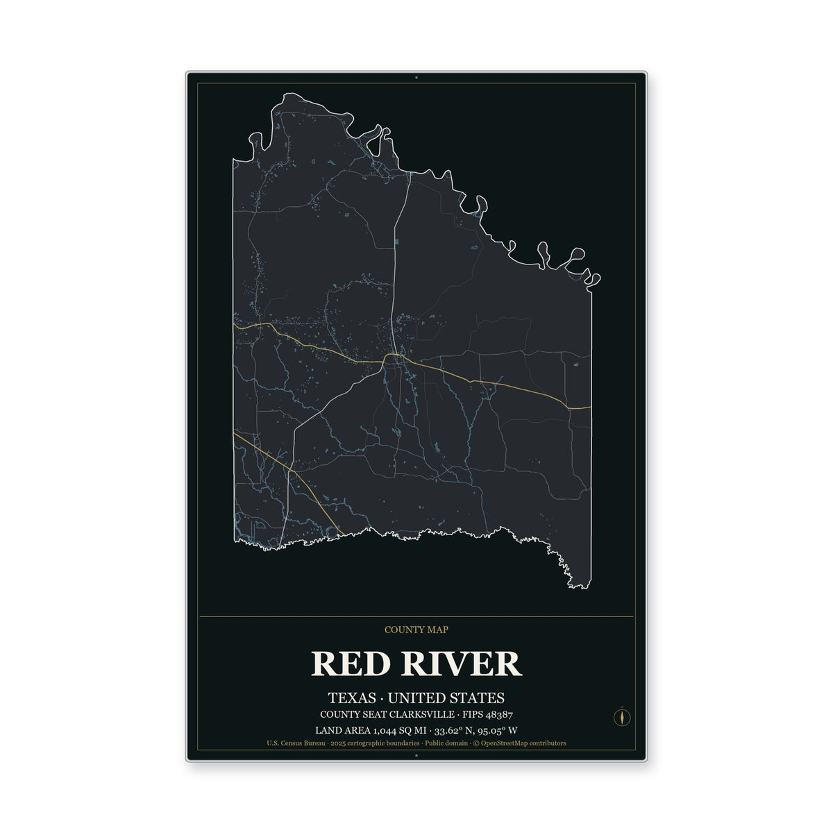 Red River County, Texas Map Aluminum Sign in Metropolitan Noir style