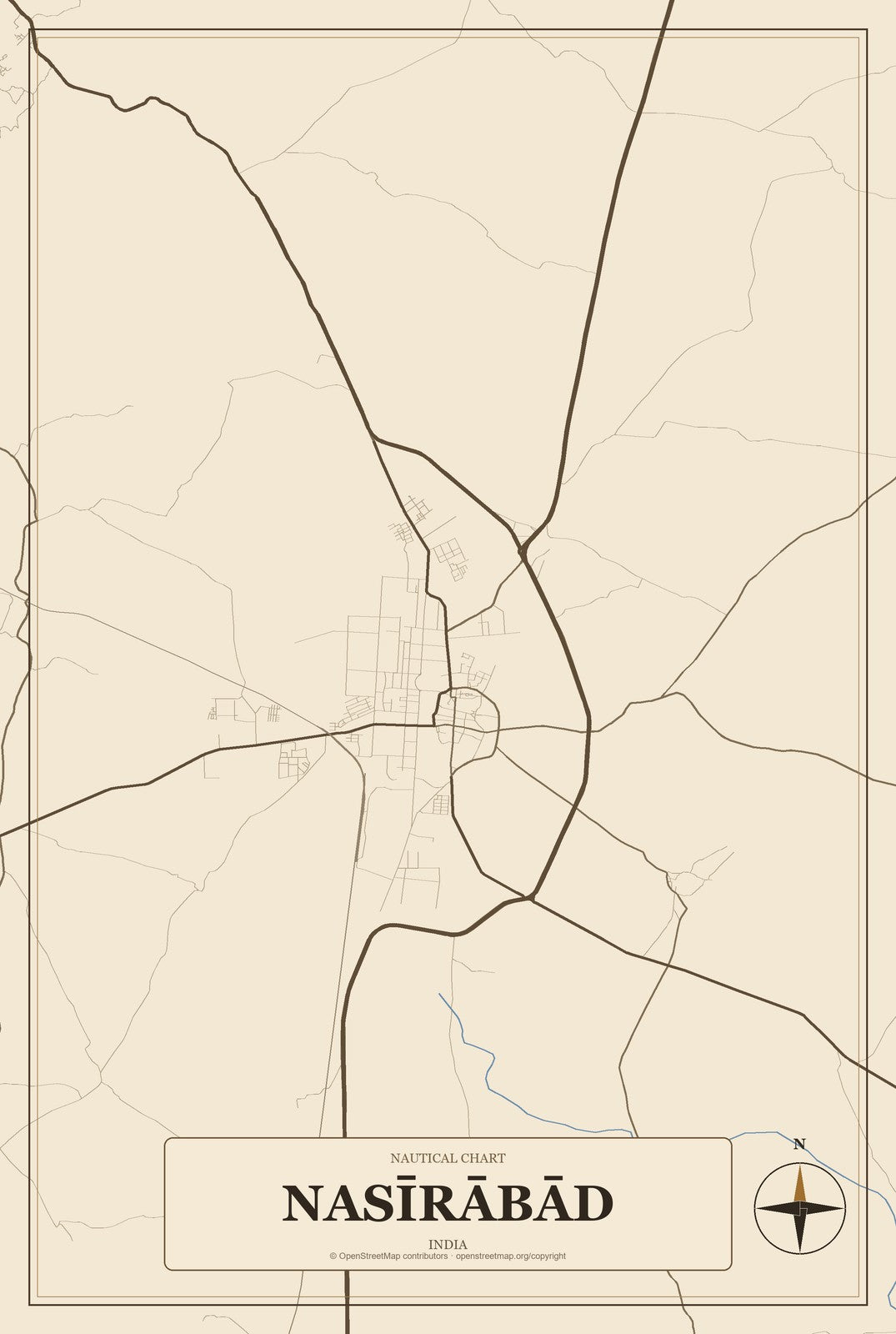 Nasīrābād, India City Map Aluminum Sign in Heritage Nautical style