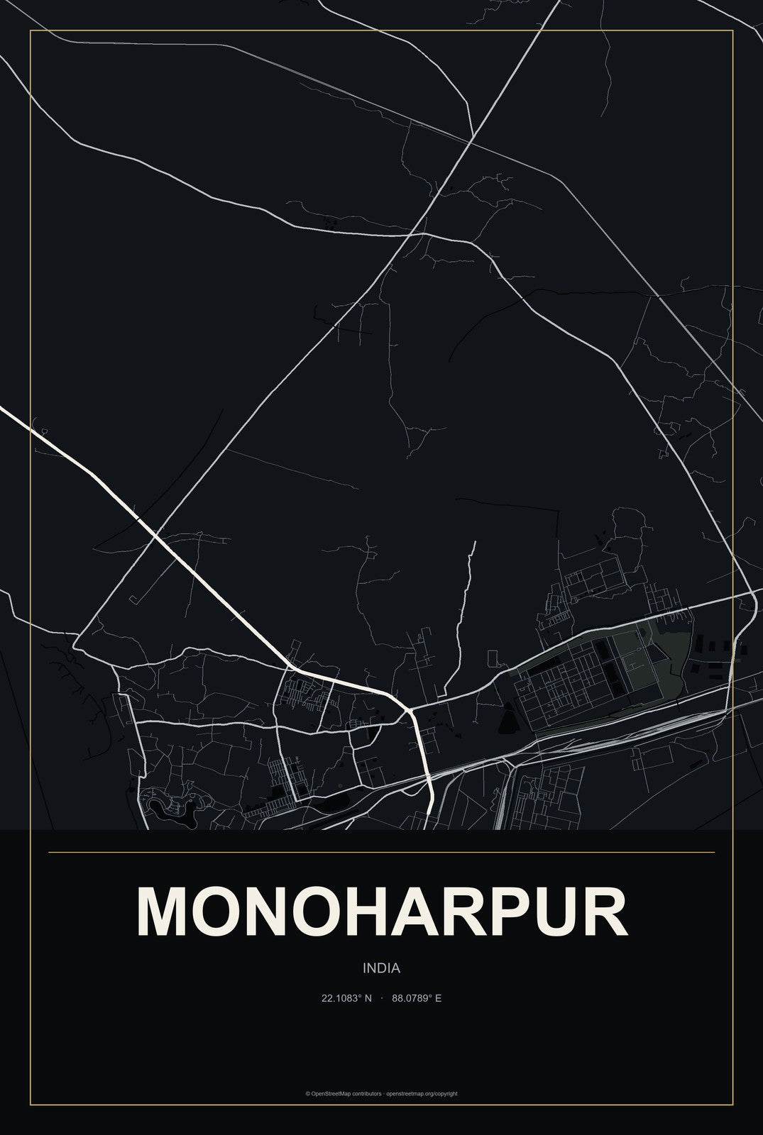 Monoharpur, India City Map Aluminum Sign in Metropolitan Noir style