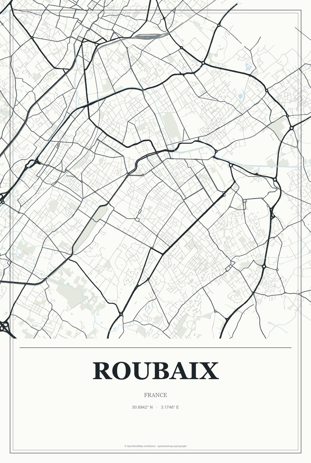 Roubaix, France City Map Aluminum Sign in Gallery Air style