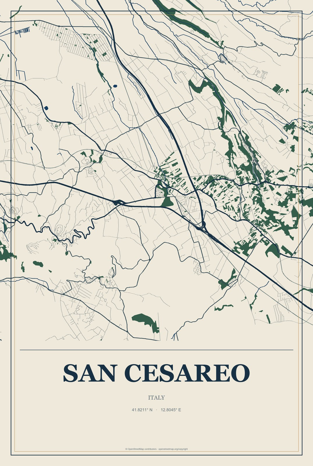 San Cesareo, Italy City Map Aluminum Sign in Coastal Cutout style
