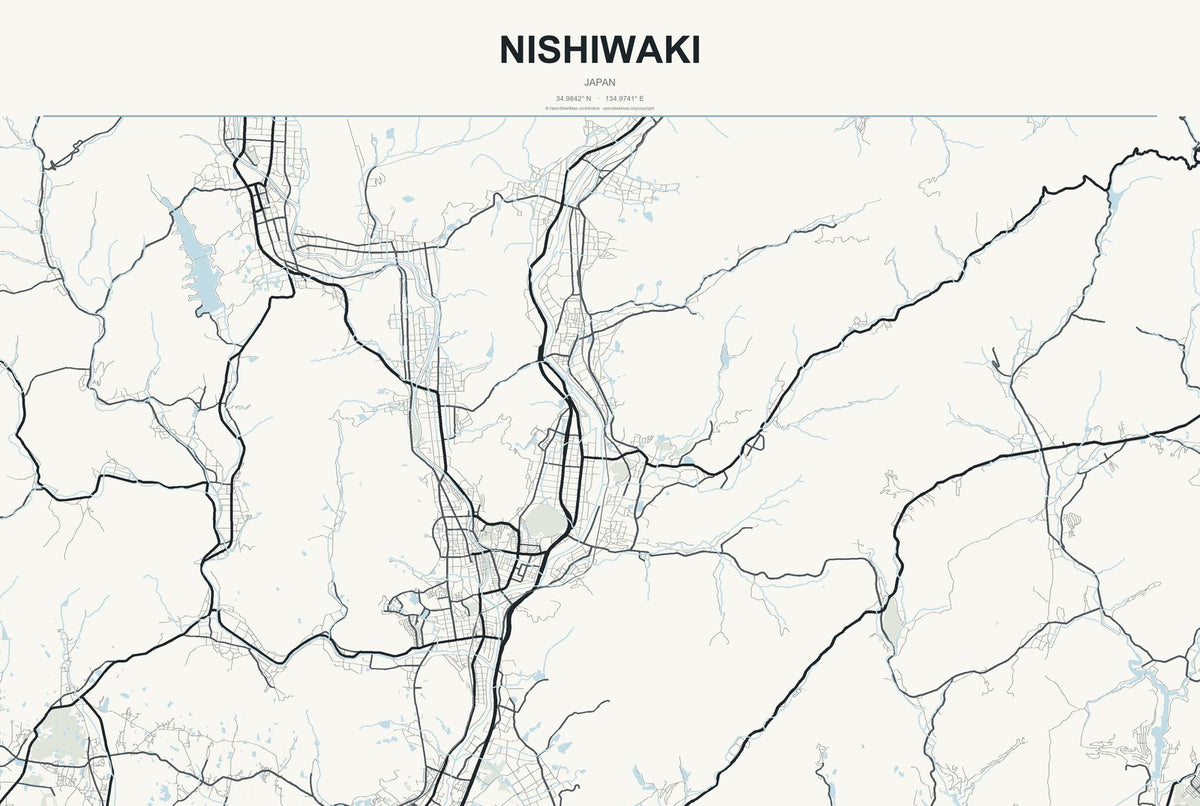 Nishiwaki, Japan City Map Aluminum Sign in Headline Atlas style
