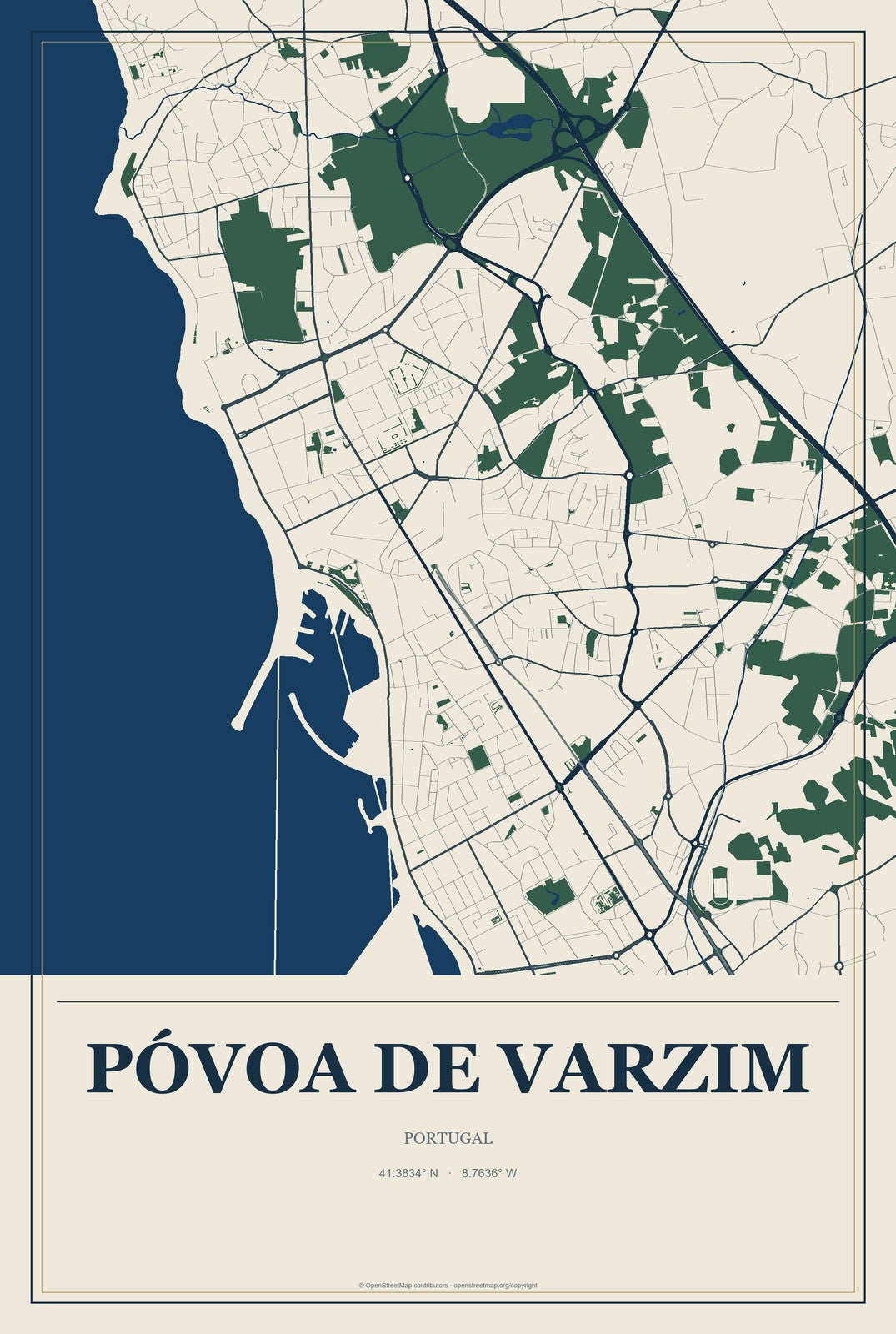 Póvoa de Varzim, Portugal City Map Aluminum Sign in Coastal Cutout style