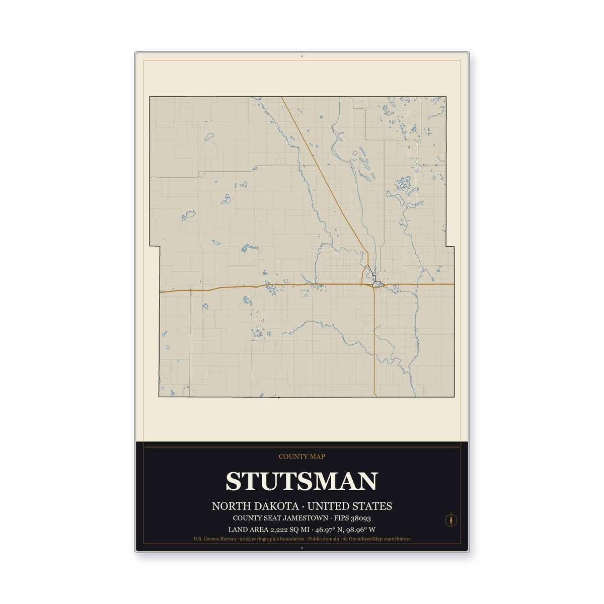 Stutsman County, North Dakota Map Aluminum Sign in Museum Plaque style