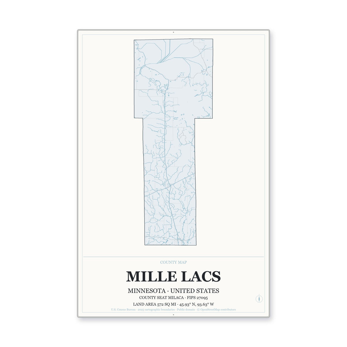 Mille Lacs County, Minnesota Map Aluminum Sign in Gallery Air style