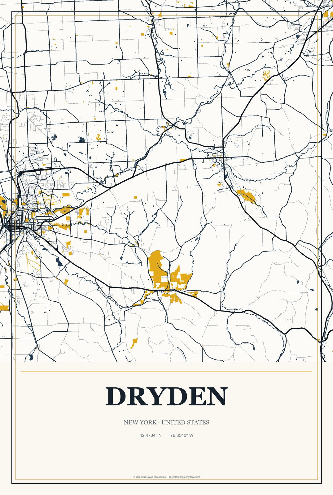 Dryden, New York City Map Aluminum Sign in Citrine Modern style