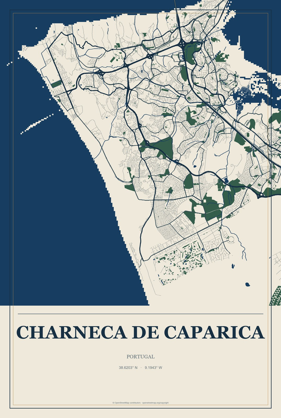 Charneca de Caparica, Portugal City Map Aluminum Sign in Coastal Cutout style