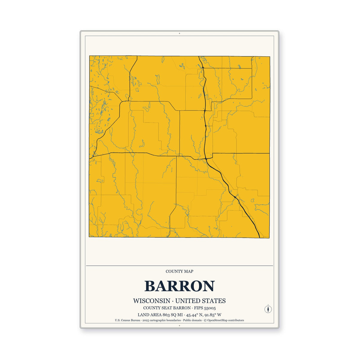 Barron County, Wisconsin Map Aluminum Sign in Citrine Modern style