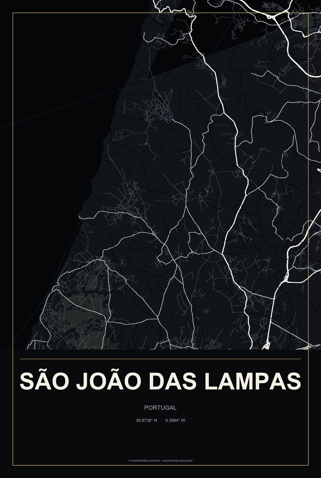 São João das Lampas, Portugal City Map Aluminum Sign in Metropolitan Noir style