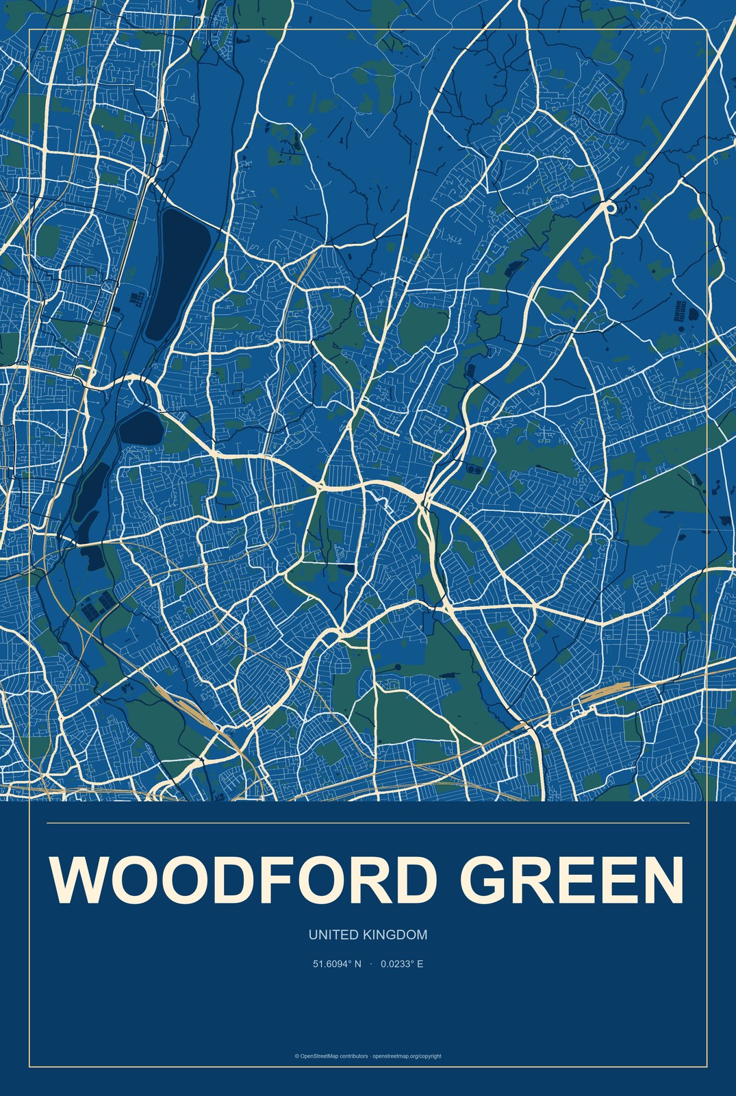 Woodford Green, United Kingdom City Map Aluminum Sign in Harbor Cobalt style