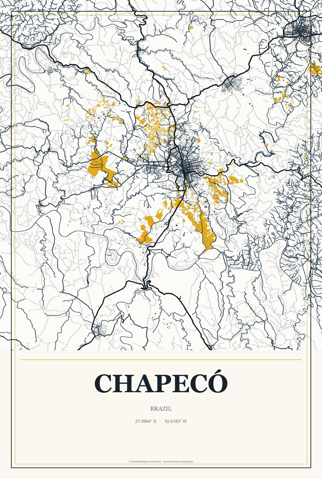 Chapecó, Brazil City Map Aluminum Sign in Citrine Modern style
