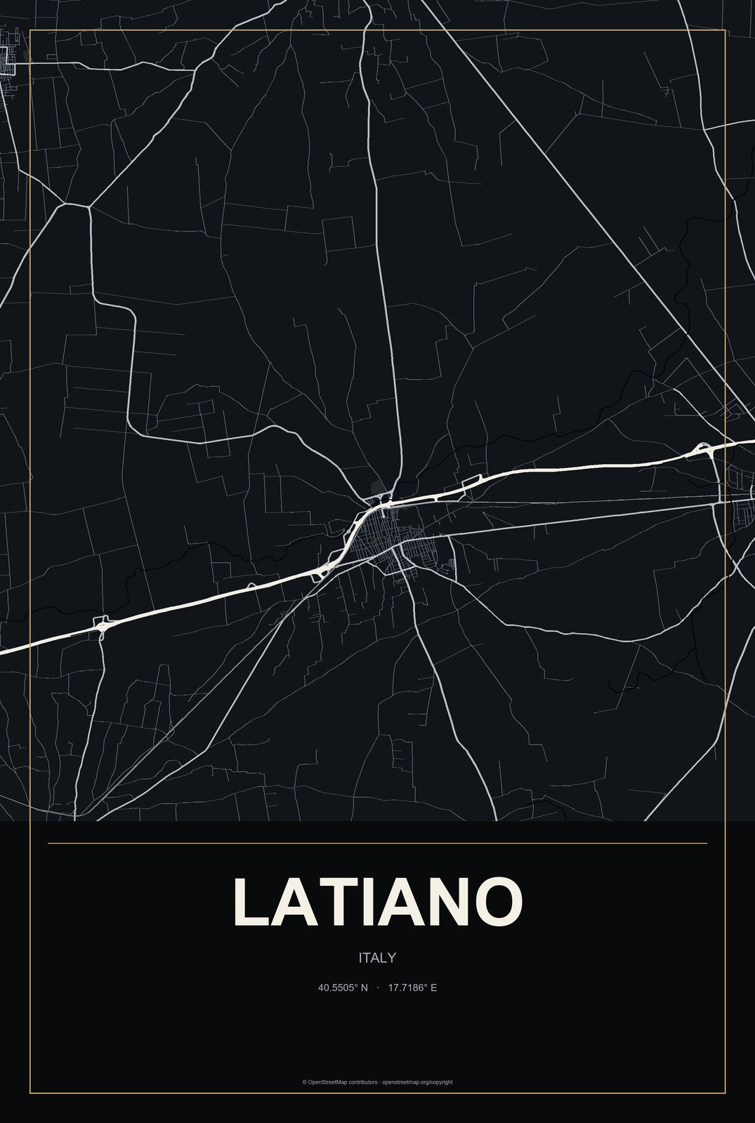 Latiano, Italy City Map Aluminum Sign in Metropolitan Noir style
