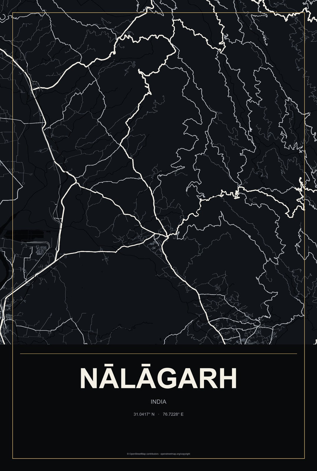 Nālāgarh, India City Map Aluminum Sign in Metropolitan Noir style