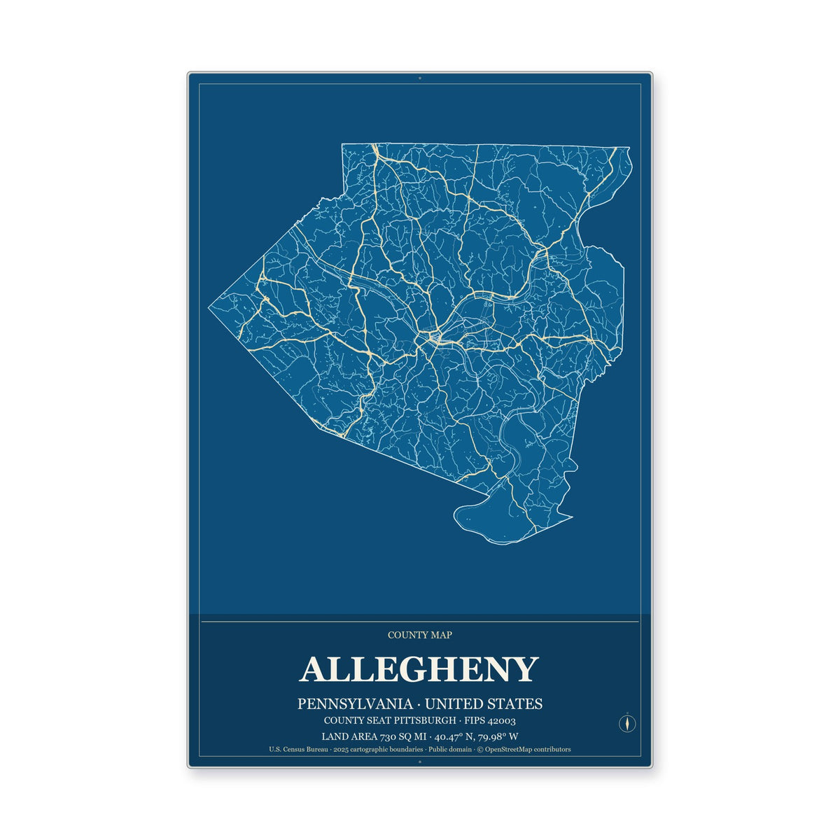 Allegheny County, Pennsylvania Map Aluminum Sign in Harbor Cobalt style