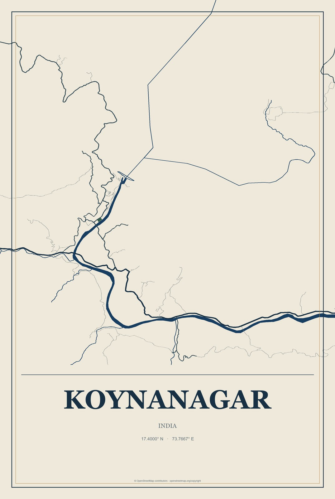 Koynanagar, India City Map Aluminum Sign in Coastal Cutout style
